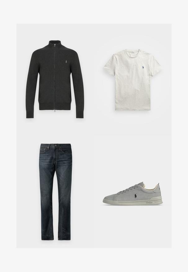 Tumehall triibuline lukuga kampsun kõrge kraega, millel on rinnal hõbedane logokujundus ja sile tekstuur.; Polo Ralph Lauren CUSTOM SLIM FIT - Lihtne T-särk - grey; Tumed sinised denim teksad sirge lõikega, klassikalise viie-tasku disainiga ja vasest tikanditega aktsentidega.; Hallid seemis madala säärega tennised Polo logoga külje peal, ees paelutusega ja polsterdatud tald Polo kaubamärgiga kandjal ja tallavardal.