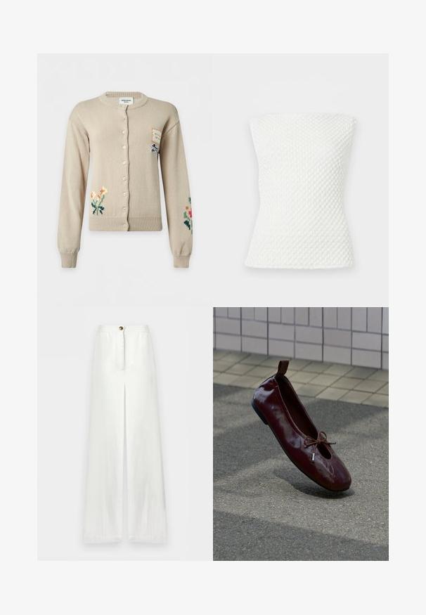 Cardigan beige à boutons avec broderies florales sur les manches inférieures gauche et droite et une petite pièce avec illustration de chien sur la partie supérieure droite de la poitrine.; Haut blanc texturé en maille sans bretelles, avec une silhouette ajustée et un motif subtil en nid d'abeille.; Pantalon blanc taille haute à jambes larges avec fente avant, fermeture par bouton et un design épuré et minimaliste.; Chaussure plate de ballet rouge foncé brillante avec un petit nœud sur le dessus, positionnée debout sur un sol texturé près d'un mur carrelé en arrière-plan.