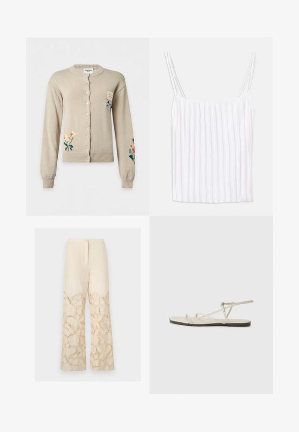Beige cardigan med knapper med blomstret broderi på nederste venstre og højre ærmer og et lille patch med hundeillustration på øverste højre bryst.; Hvid ærmeløs top med tynde spaghettistropper, der har en lodret ribbet tekstur og en lige kant. Letvægtsstof, minimalistisk design.; Kremfarvede bukser med vide ben og blomsterblonde detaljer fra midt på låret til kanten og lukning foran med knap og lynlås.; Beige flad sandal med flere slanke stropper og en justerbar spænde. Sålen er flad med en let mørkere kontrast ved kanten.