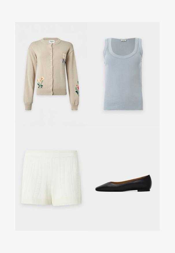 Cardigan beige à boutons avec broderies florales sur les manches inférieures gauche et droite et une petite pièce avec illustration de chien sur la partie supérieure droite de la poitrine.; Débardeur sans manches bleu clair côtelé avec encolure dégagée et étiquette Drykorn au niveau de l'arrière du col, posé à plat sur une surface blanche.; Shorts tricotés de couleur crème avec des motifs texturés verticaux et une large ceinture élastique sur un fond uni.; Chaussure plate en cuir noir à bout pointu avec talon bas et finition lisse, vue de côté sur un fond gris clair.