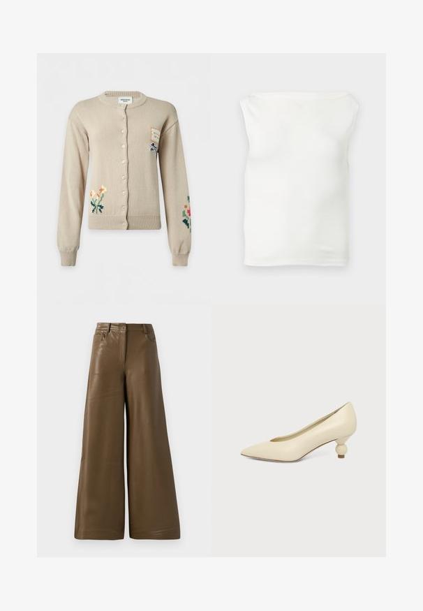 Beige cardigan med knapper med blomstret broderi på nederste venstre og højre ærmer og et lille patch med hundeillustration på øverste højre bryst.; Hvid, stropløs, tætsiddende tube-top med en lige udskæring og glat stof, vist på en lys baggrund.; Breddebenede bukser lavet af glat, brun kunstlæder. Har højt talje, fire lommer og en lynlås foran. Flad tekstur og minimalistisk design.; Kremfarvet damesko med spids snude og lav hæl, hvor hælen er rund og kugleformet, på en ensfarvet baggrund.