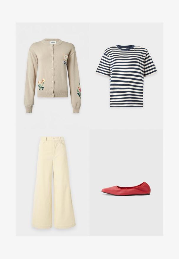 Beige cardigan med knapper med blomstret broderi på nederste venstre og højre ærmer og et lille patch med hundeillustration på øverste højre bryst.; Kortærmet T-shirt med rund halsudskæring med marineblå og hvide horisontale striber på en ensfarvet baggrund.; Bredde bukser lavet af blødt beige stof med en tekstureret overflade, der har forlommer, bæltestropper og en enkelt knaplukning.; Filippa K REY FLATS - Ballerinasko - bright red