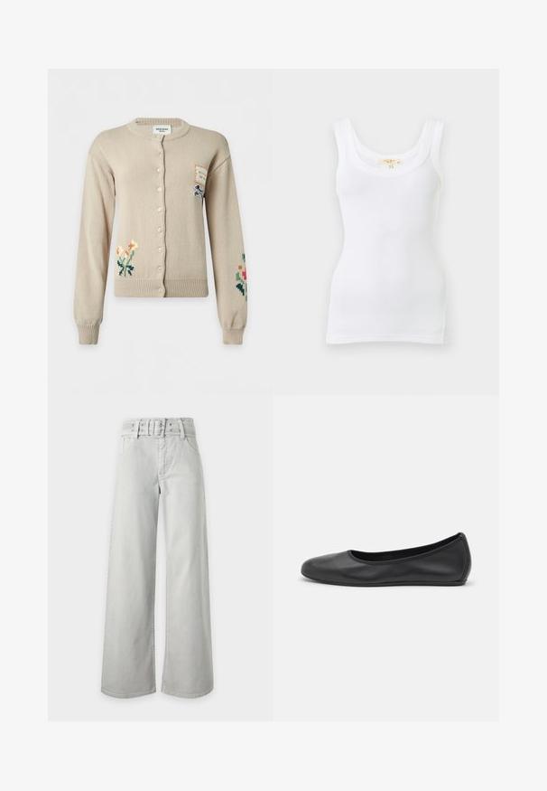 Cardigan beige à boutons avec broderies florales sur les manches inférieures gauche et droite et une petite pièce avec illustration de chien sur la partie supérieure droite de la poitrine.; Débardeur blanc côtelé sans manches avec encolure dégagée, présenté à plat sur un fond clair.; Jean gris clair taille haute à jambes larges, avec poches avant, passants de ceinture et ceinture en tissu assortie avec boucle.; Ballerines en cuir noir avec un bout rond, texture lisse, détails de couture minimalistes et design de semelle flexible.