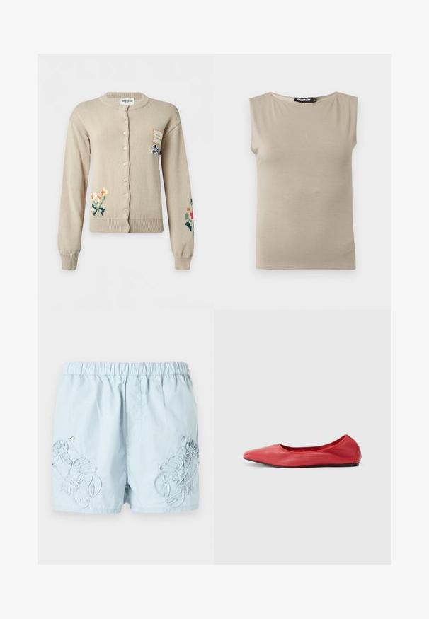 Cardigan beige à boutons avec broderies florales sur les manches inférieures gauche et droite et une petite pièce avec illustration de chien sur la partie supérieure droite de la poitrine.; Haut beige en coton sans manches avec larges bretelles et col rond, taille moyenne, posé à plat sur fond blanc.; Shorts de bain bleu clair avec broderie de homard sur les côtés, taille élastique et tissu lisse et léger.; Filippa K REY FLATS - Ballerines - bright red
