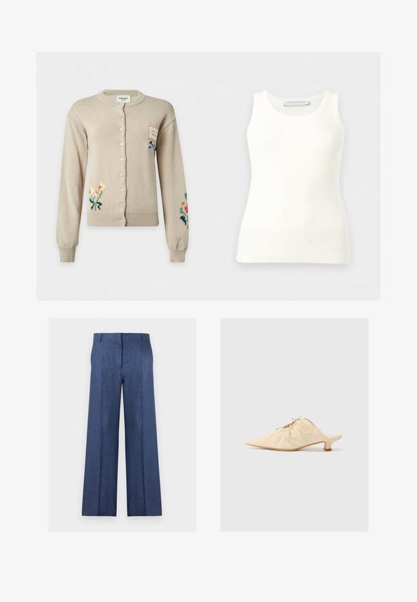 Cardigan beige à boutons avec broderies florales sur les manches inférieures gauche et droite et une petite pièce avec illustration de chien sur la partie supérieure droite de la poitrine.; Débardeur blanc côtelé sans manches avec encolure ronde, coupe ajustée, et étiquette de la marque à l'intérieur du col arrière.; Pantalon bleu à jambes larges, coupe sur mesure, avec passants de ceinture, pli à l'avant et fermeture avant dissimulée sur fond blanc.; Chaussure en cuir couleur crème à enfiler avec un bout pointu, des détails froncés à l'avant et un petit talon carré.