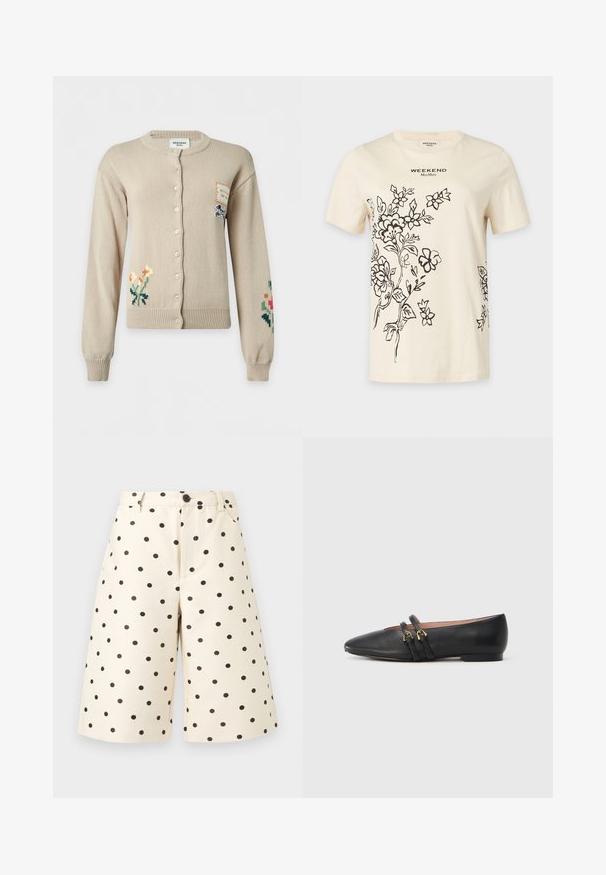 Cardigan beige à boutons avec broderies florales sur les manches inférieures gauche et droite et une petite pièce avec illustration de chien sur la partie supérieure droite de la poitrine.; T-shirt crème à manches courtes avec dessins floraux noirs en ligne et texte "WEEKEND MaxMara" centré près de l'encolure.; Shorts couleur crème longueur genou à pois noirs, fermeture par boutons, passants pour ceinture et poches latérales sur fond uni.; Chaussures plates en cuir noir avec un bout pointu, dotées de deux brides noires avec des accents en métal doré. Texture lisse et talon bas.