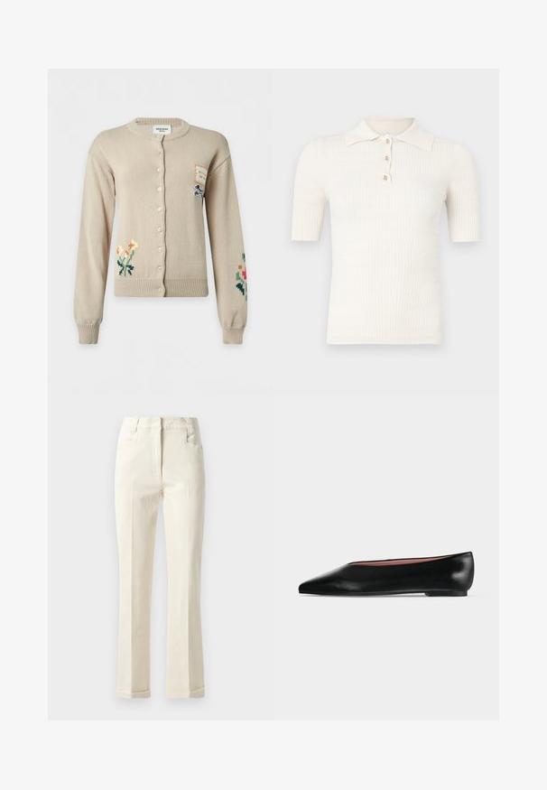 Cardigan beige à boutons avec broderies florales sur les manches inférieures gauche et droite et une petite pièce avec illustration de chien sur la partie supérieure droite de la poitrine.; Polo crème côtelé à manches courtes, doté d'un col plat et de trois boutons décoratifs au niveau de l'encolure. Texture lisse.; Pantalons beiges à jambe droite en tissu mélangé coton, avec une taille mi-haute, des poches avant et une texture subtile à la surface.; Chaussure plate en cuir noir pour femme, avec bout pointu et petit talon, vue de côté sur un fond gris clair uni.