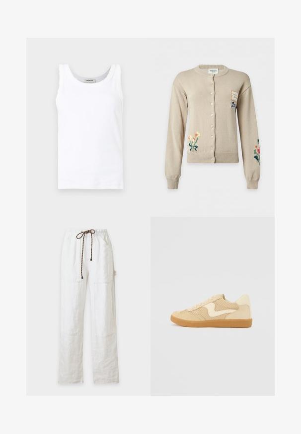 Cardigan beige à boutons avec broderies florales sur les manches inférieures gauche et droite et une petite pièce avec illustration de chien sur la partie supérieure droite de la poitrine.; Débardeur blanc sans manches en maille côtelée avec encolure ronde et bordure délicate en dentelle le long des bords, présenté sur un fond uni.; Pantalon blanc à jambes droites, avec poches plaquées devant, taille avec cordon marron et détail boucle latérale.; Sneaker beige avec des matériaux en daim et en maille, forme arrondie, col rembourré proéminent et semelle en caoutchouc gomme. Présente un accent de design en forme de vague.