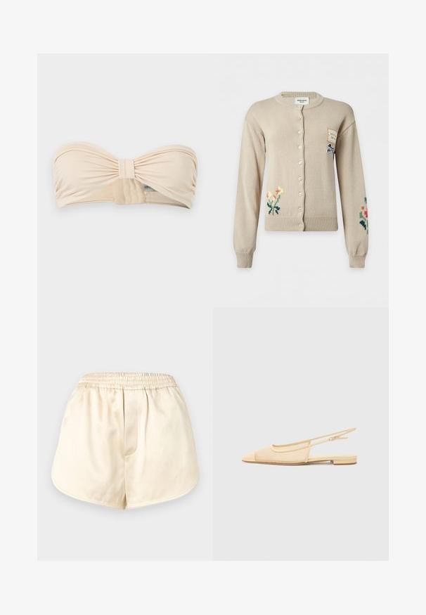Cardigan beige à boutons avec broderies florales sur les manches inférieures gauche et droite et une petite pièce avec illustration de chien sur la partie supérieure droite de la poitrine.; Haut de bikini bandeau beige sans bretelles avec un centre froncé et une fermeture à agrafe latérale, sur fond gris uni.; Shorts beige clair à taille élastique avec un tissu lisse et des ourlets arrondis, posés à plat sur un fond gris clair.; Chaussure plate slingback en beige clair avec une tige en maille, un bout pointu et un petit talon. Dotée d'une sangle ajustable pour un bon maintien.