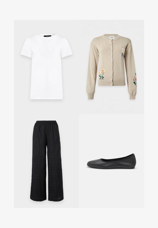Cardigan beige à boutons avec broderies florales sur les manches inférieures gauche et droite et une petite pièce avec illustration de chien sur la partie supérieure droite de la poitrine.; T-shirt blanc uni à manches courtes, col rond, coupe droite avec une petite étiquette noire à l'intérieur du col.; Pantalon noir à jambes larges avec une taille élastique et un motif à carreaux texturé subtil.; Ballerines en cuir noir avec un bout rond, texture lisse, détails de couture minimalistes et design de semelle flexible.