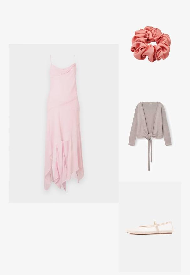 Lichtgrijze karpet met een knoopsluiting aan de voorkant, lange mouwen, een diepe V-hals en ribgebreide manchetten. Zacht gebreid materiaal met een gladde textuur.; Roze midi-jurk met dunne banden, met een gedrapeerde bovenkant en een asymmetrische zoom. Gemaakt van lichte, vloeiende stof met een zachte textuur.; Ballerina's met een doorschijnend beige mesh bovenwerk en een satijnen bandje, voorzien van een ronde neus en een lage bruine zool. Lichtgewicht en flexibel ontwerp.; Roze satijnen scrunchie met geplooide stof die zachte, volumineuze ruches vormt rond een elastische band.
