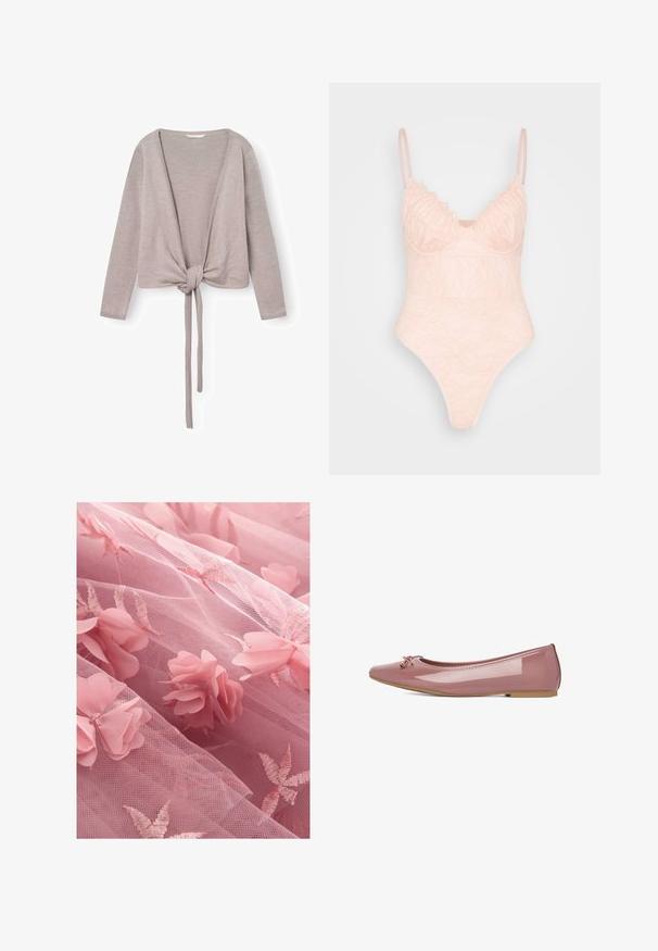 Hele hallikas kardigan, millel on pikad varrukad, sügav V-kaelus ja soonikust mansetid. Pehme kudumismaterjal sujuva tekstuuriga.; IN THE STYLE LINGERIE BODYSUIT - Topp - rosé; Roosa tüllkangas, millel on lilleaplikatsioonid ja broderi lehemustrit, pehme, läbipaistev tekstuur ja kihiline välimus.; Jenny FLATS BALLERINAS - Baleriinad - pink
