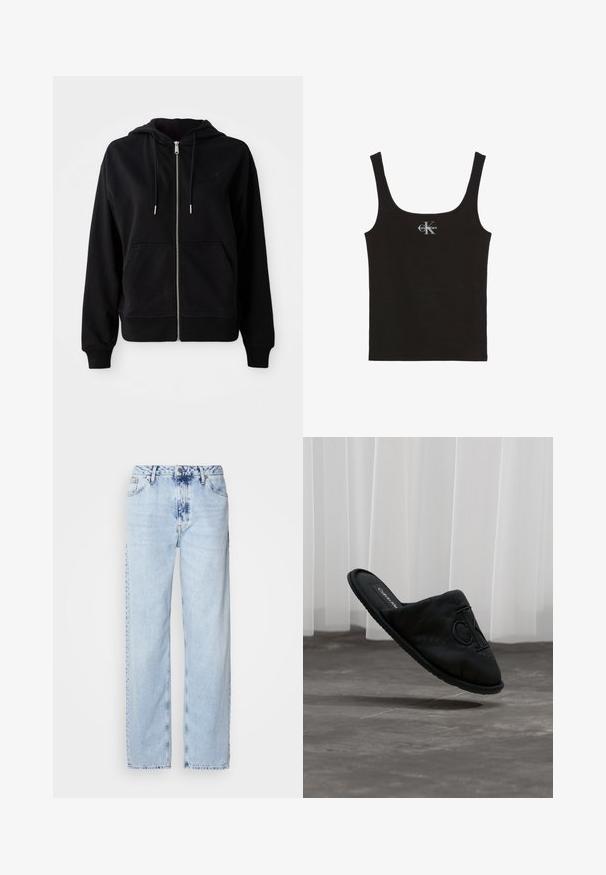 Hoodie zippé noir en tissu doux. Comprend une poche kangourou à l'avant, une capuche réglable avec cordon de serrage, et un logo brodé sur la poitrine.; Débardeur noir côtelé avec larges bretelles et logo Calvin Klein blanc au centre de la poitrine, sur fond blanc.; Jeans large bleus clairs en denim, avec une taille haute, un lavage décoloré et un motif tie-dye subtil à l'avant.; Chaussure noire à enfiler avec une tige en tissu doux et une semelle en caoutchouc plate. Présente un logo prominent à l'avant et une finition texturée.