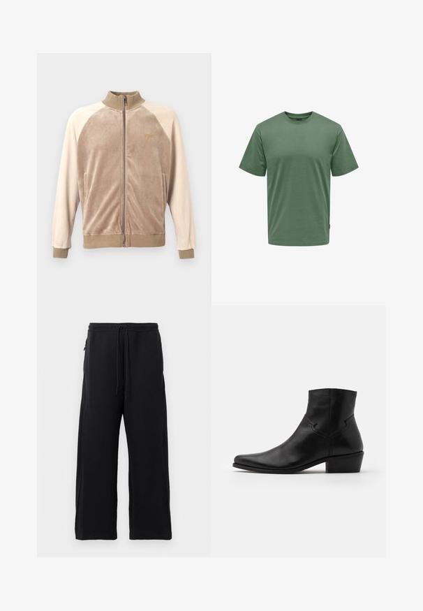 Chaqueta de terciopelo con cremallera en beige y marrón claro, con cuello y puños acanalados, bolsillos laterales y un discreto detalle del logo en el pecho.; Camiseta verde lisa de manga corta y cuello redondo con un ajuste regular, mostrada sobre un fondo blanco.; Pantalones de chándal negros hechos de una tela suave, con cintura elástica ajustable, diseño de pierna ancha y bolsillos laterales con una textura lisa.; Botín negro de cuero hasta el tobillo con puntera afilada, detalles de costura mínimos, tacón de bloque de altura media y un acabado suave y pulido.
