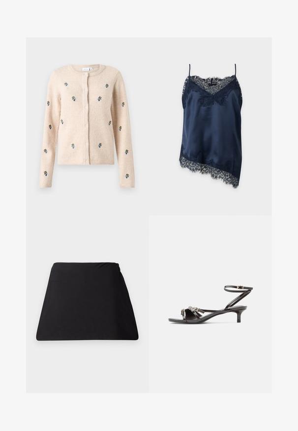 Cardigan beige à manches longues, col rond et boutonnage devant. Orné d'une broderie florale bleue et verte. Texture douce.; Camisole en satin bleu marine avec une délicate dentelle florale sur l'encolure, l'ourlet et les côtés, avec des bretelles fines.; Tissu noir en forme de trapèze, avec une texture lisse, un design sans couture et sans matériel visible. Forme simpliste adaptée à de multiples utilisations.; Sandale en cuir verni noir avec fines lanières, petit talon kitten, et fermeture à boucle ajustable à la cheville.