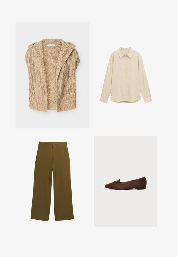 Beige chunky strikket cardigan med åben front og hætte, med ribbet tekstur og blødt, hyggeligt stof.; Lys beige langærmet skjorte med knaplukning fortil, klassisk krave, blød tekstur og let rundet kant. Ingen synlige mønstre eller accenter.; Bredde benbukser i olivengrønt stof, med en glat tekstur og ingen synlige lukninger. Designet til en afslappet pasform med rene linjer.; Brun ruskind spids flad sko med lav hæl og dekorativ spænde over overdelen, vist fra siden på hvid baggrund.