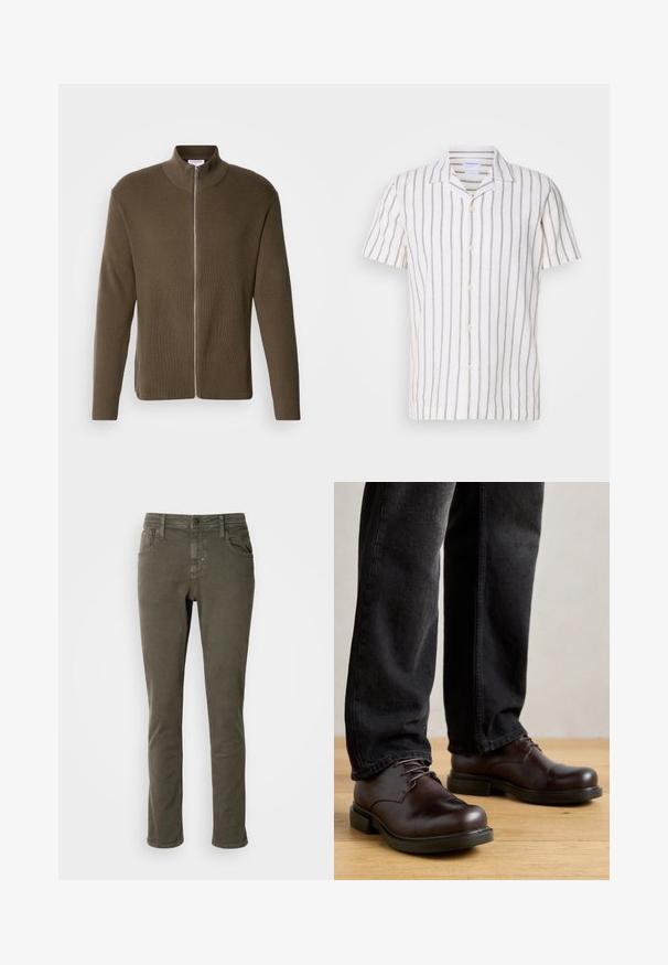 Lindbergh ZIP CARDIGAN - Strickjacke - olive; Kurzarmhemd aus Leinen mit hellgrauen vertikalen Streifen auf weißem Hintergrund, klassischem Kragen und Knopfverschluss vorne.; Antony Morato KURT COMFORT - Jeans Tapered Fit - dark olive; Braune Lederschuhe mit abgerundeter Spitze, Schnürdesign und dicker schwarzer Gummisohle, kombiniert mit dunkelblauen Jeans.