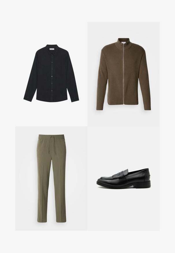 Lindbergh ZIP CARDIGAN - Cardigan - olive; Sort langærmet skjorte lavet af blødt stof, med knaplukning fortil, krave og lige kant med subtil tekstur.; Olivengrønne, letvægtsbukser med elastisk talje og justerbar snor; lige ben design og glat tekstur.; Sort læder herre loafers med kvast detalje, rundet tå, lav hæl og glat poleret finish, vist fra siden på hvid baggrund.