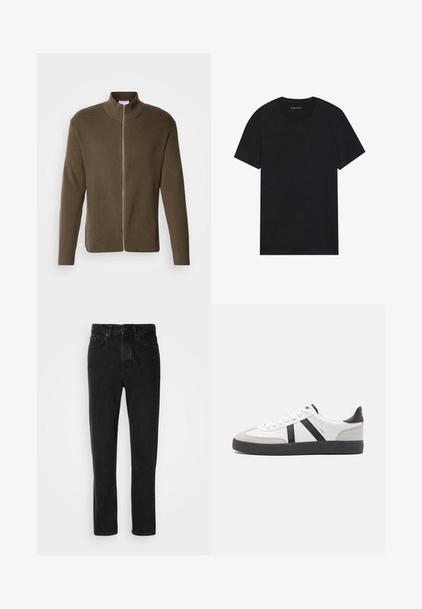 Lindbergh ZIP CARDIGAN - Strickjacke - olive; Schwarzes Baumwoll-T-Shirt mit kurzen Ärmeln und rundem Ausschnitt. Der Stoff hat eine glatte Textur und ein einfaches, schlichtes Design.; Schwarze Denim-Jeans mit geradem Beinschnitt, ausgestattet mit einem Knopf- und Reißverschluss, Fronttaschen und subtiler Textur.; Weiße Sneaker mit schwarz- und grau-aczenten, ausgestattet mit einer strukturierten grauen Zehenkappe, schwarzer Gummi-Sohle und flachen weißen Schnürsenkeln. Sauberes Design, minimalistische Stil.