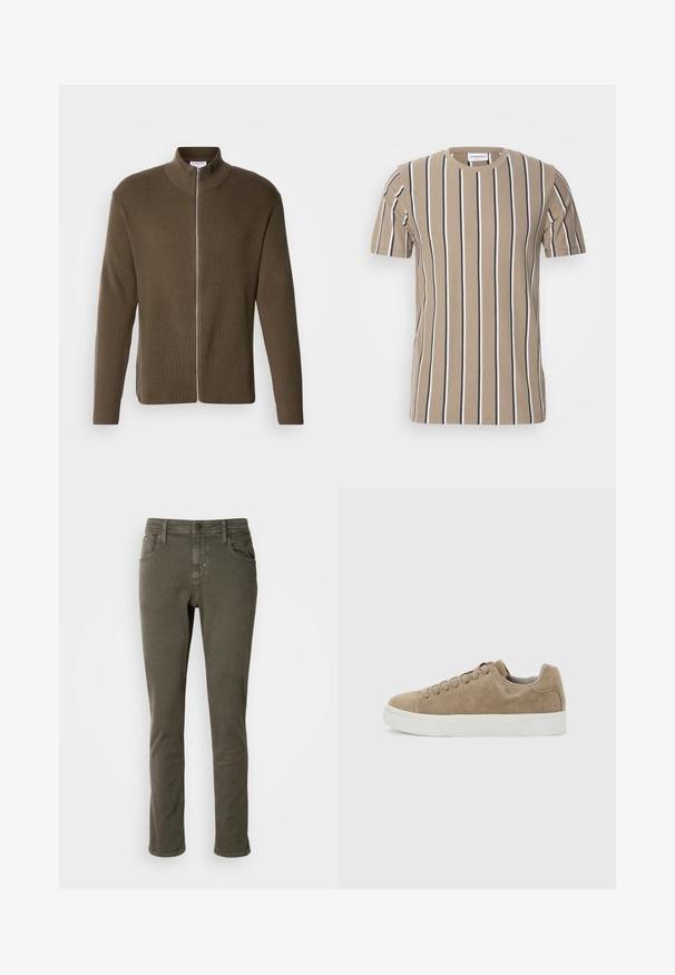 Lindbergh ZIP CARDIGAN - Strickjacke - olive; Beige Baumwoll-T-Shirt mit horizontalen Streifen in Dunkelbraun und Weiß, Rundhalsausschnitt und kurzen Ärmeln. Weiche Textur und lässiges Design.; Antony Morato KURT COMFORT - Jeans Tapered Fit - dark olive; Beiger Wildleder-Sneaker in niedrigem Schnitt mit beigen Schnürsenkeln und weißer Gummisohle, von der Seite auf einem hellgrauen Hintergrund betrachtet.