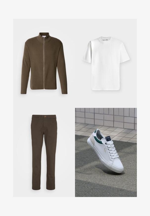 Lindbergh ZIP CARDIGAN - Kardigan - olive; Lihtne valge lühikeste varrukatega T-särk ümar kaelusega, tasapinnal helehallil taustal, kaeluse sees väike brändisilt.; Pruunid puuvillased chinos otse sääre disainiga, nupuga esiolukord ja taskud. Sile tekstuur, vähe nähtavat õmblust.; Valged nahkad sneakers roheline ja beežide aktsentidega, millel on tekstureeritud tallad, ümar nina ja klassikaline nööpide seadmine.