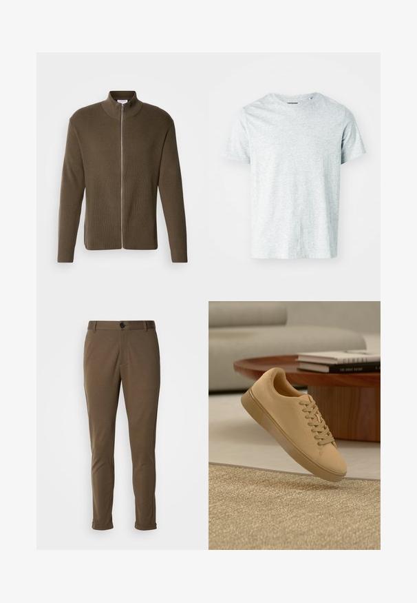Lindbergh ZIP CARDIGAN - Cardigan - olive; Lys grå, kortærmet t-shirt lavet af blødt stof, med en rund hals og en let afslappet pasform. Ingen synlige mønstre eller grafik.; Brune skræddersyede bukser med en glat tekstur, der har en knaplukning og rullede manchetter. Designet med en slim fit og funktionelle lommer.; Beige snørestøvler, der svæver over et tekstureret tæppe med et træ sofabord og stablede bøger i en sløret baggrund.