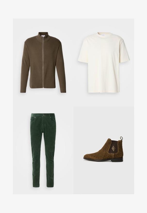 Lindbergh ZIP CARDIGAN - Vest - olive; Effen off-white T-shirt met korte mouwen en ronde hals, unisex ontwerp, weergegeven op een neutrale grijze achtergrond.; Groene corduroybroek met een rechte pasvorm. Beschikt over vijf zakken, metalen knoopsluiting en geribbelde textuur. Wasmachinebestendig.; Bruin geweven enkelboot met een spitse neus, elastische zijkanten en een luslabel aan de achterkant. Voorzien van een diamantaccent aan de buitenkant.