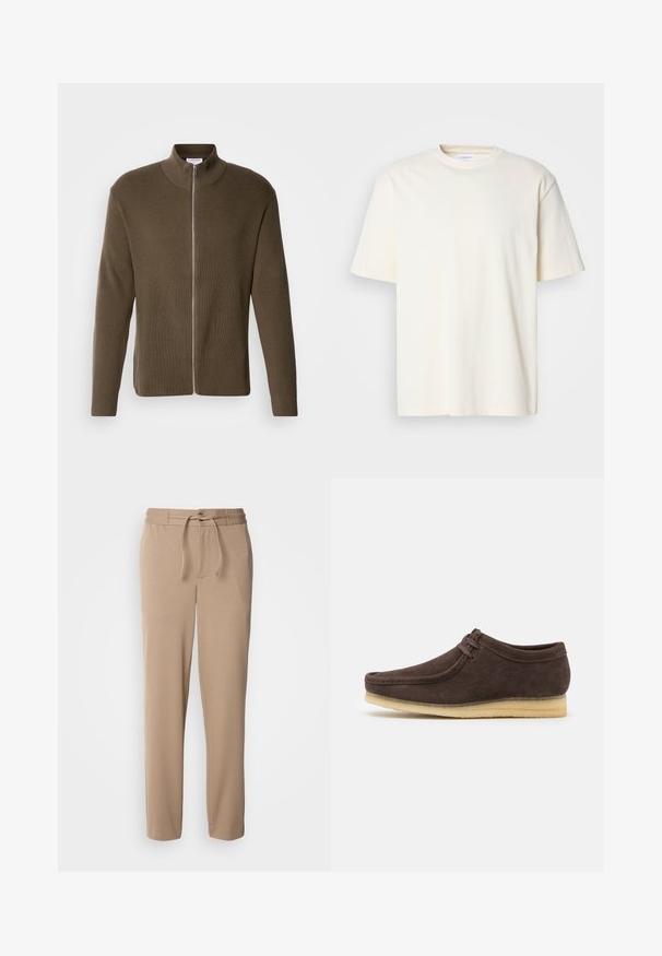 Lindbergh ZIP CARDIGAN - Cardigan - olive; Lys off-white kortærmet T-shirt med rund hals, unisex design, præsenteret på en neutral grå baggrund.; Beige sweatpants lavet af blød bomuld, med elastisk talje, snor i livet, slim fit og lige ben uden mønstre.; Brune ruskindsko med en glat overflade, rund tå og minimalistisk design. Har en lysgummisål og kontrastfarvet snøredetalje.
