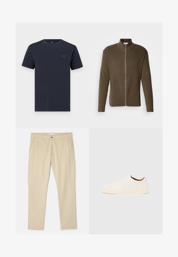 Lindbergh ZIP CARDIGAN - Cardigan - olive; Marineblå bomuld t-shirt med rund hals, korte ærmer og et lille mærkelogo i grå på venstre bryst. Glat tekstur.; Beige bomulds chinos med lige snit, der har to sidelommer, en frontlukning med knap og subtile syninger.; Hvid lavtop-sneakers med snørelukning, minimale syningsdetaljer og en cremefarvet sål på en lysegrå baggrund.