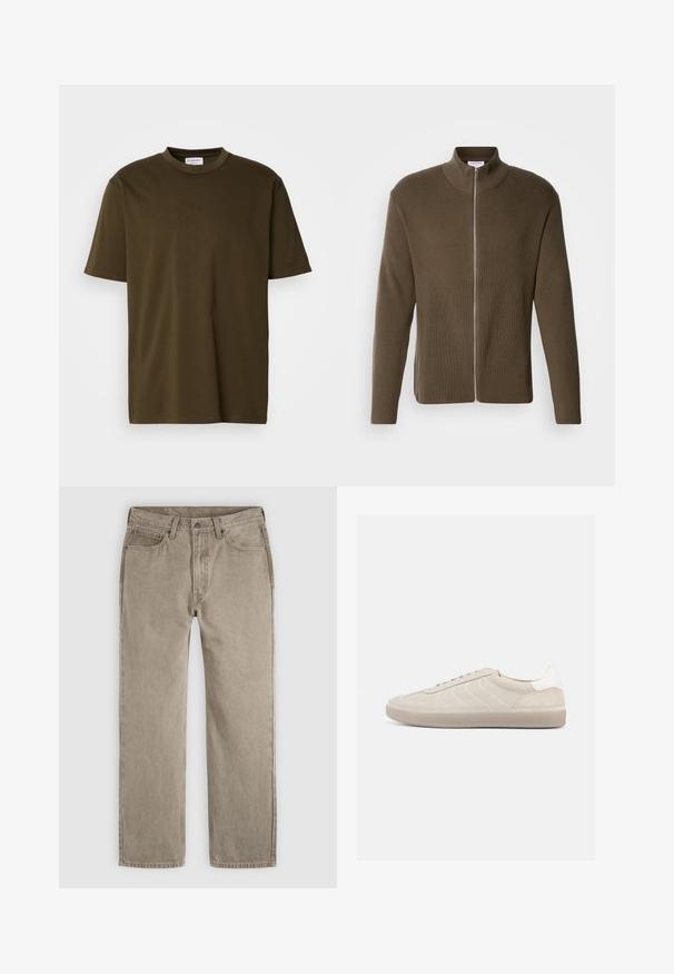 Lindbergh ZIP CARDIGAN - Cardigan - olive; Simpel olivengrøn T-shirt med korte ærmer og rund halsudskæring, med et synligt hvidt mærke ved halsen, præsenteret på en hvid baggrund.; Beige straight-leg jeans med forreste knap- og lynlås-lukning, bæltestropper og fem lommer, lagt fladt på en lys baggrund.; Beige ruskindssneaker med en tekstureret overdel, glat hvid hælkappe, tynde snørebånd og en gummi-ydersål. Har et lavt profil design.