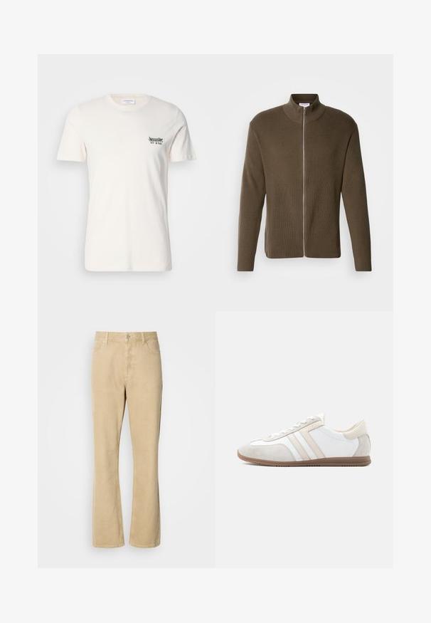 Lindbergh ZIP CARDIGAN - Cardigan - olive; Bomulds T-shirt i off-white, med rund halsudskæring, korte ærmer og et lille sort og grønt grafik på venstre bryst.; Beige fløjlsbukser med udvidede ben, der har en knap- og lynlås-lukning. Bukserne har fem lommer og synlige sømme langs benene. Blød tekstur.; Lavprofileret hvid og beige sko med ruskindsdetaljer, snørelukning og brun gummisål, vist i sideprofil på ensfarvet baggrund.