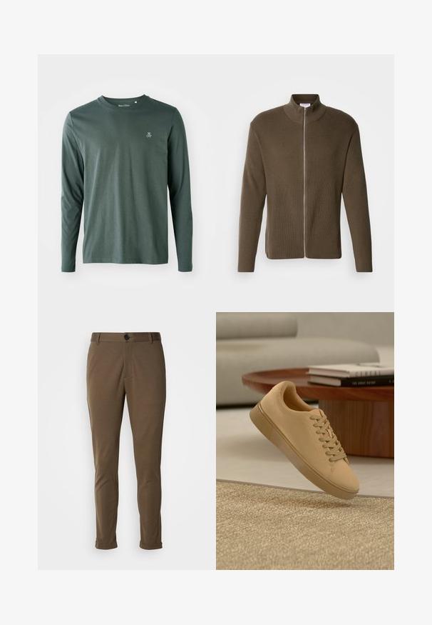 Lindbergh ZIP CARDIGAN - Vest - olive; Langsleeve shirt in donkergroen katoen met een ronde halslijn, subtiele textuur en klein wit "M OP" logo op de linkerborst.; Bruine, op maat gemaakte broeken met een gladde textuur, voorzien van een knoopsluiting en opgerolde mouwen. Ontworpen met een slim fit en functionele zakken.; Beige vetersneaker die boven een gestructureerd tapijt zweeft, met een houten salontafel en gestapelde boeken op een wazige achtergrond.