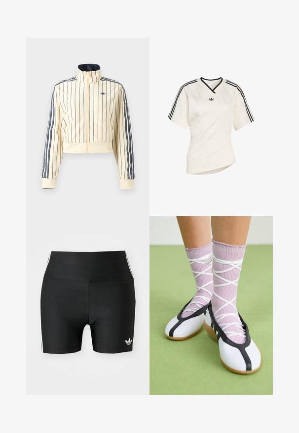 Krémová krátka bunda na zips s tmavomodrými vertikálnymi pruhmi, tromi tmavomodrými pruhmi na rukávoch a logom Adidas trefoil na hrudi.; Biele športové tričko s krátkym rukávom s čiernymi tromi pruhmi, výstrihom do v a tónovaným logom na hrudi. Hladká textúra látky.; Čierne športové šortky z elastickej tkaniny s vysokým pásom. Obsahujú biele bočné pruhy a malé biele logo na leme.; Nohy v rebrovaných levanduľových ponožkách s bielymi krížovými pásmi v kombinácii s bielymi baletnými papučkami s čiernym lemom na zelenej podlahe.