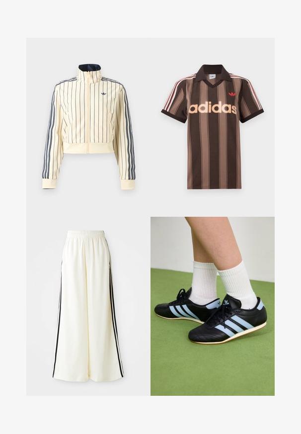 Roomkleurige cropped jas met ritssluiting, marineblauwe verticale strepen, drie marineblauwe strepen op de mouwen en Adidas trefoil-logo op de borst.; Bruine gestreepte Adidas polo met V-hals, bordeauxrode kraag en rood logo. Heeft witte en rode schouderstrepen, korte mouwen.; Witte wijde broek met elastische tailleband en zwarte verticale strepen langs de buitennaad.; Zwarte leren sportschoenen met lichtblauwe strepen, gemêleerde bovenkant en rubberen zolen, gecombineerd met witte geribde sokken op groene vloer.