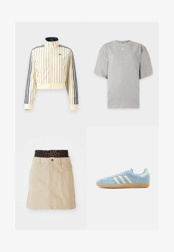 Kremfarvet cropped jakke med lynlås med marineblå lodrette striber, tre marineblå striber ned langs ærmerne og Adidas trefoil-logo på brystet.; Lysegrå Adidas T-shirt med korte ærmer, rund hals og lille hvid Adidas-logo på brystet, vist på en ensfarvet baggrund.; Tan denim nederdel med en brun leopardmønstret elastisk talje, forlommer og en lige pasform, der har synlige syninger.; Lav sko med lys blå vævet overdel, hvide striber, hvide snørebånd, lys blå ruskindstrop og sål af gumgummi.