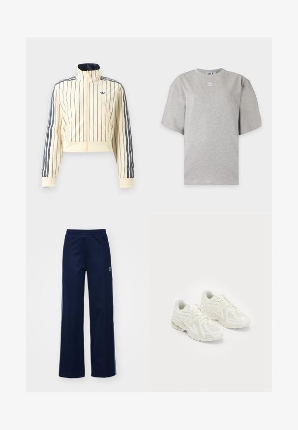 Kremfarvet cropped jakke med lynlås med marineblå lodrette striber, tre marineblå striber ned langs ærmerne og Adidas trefoil-logo på brystet.; Lysegrå Adidas T-shirt med korte ærmer, rund hals og lille hvid Adidas-logo på brystet, vist på en ensfarvet baggrund.; Marineblå bomuldsblandede træningsbukser med bred benstil, elastisk talje og lynlåslommer, prydet med hvide sideordner og logo-detalje.; Hvide sportssko i mesh og syntetiske materialer, snørebåndsdesign, polstret krave og tekstureret sål for bedre greb. Letvægts konstruktion.