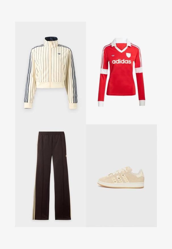 Krémová krátka bunda na zips s tmavomodrými vertikálnymi pruhmi, tromi tmavomodrými pruhmi na rukávoch a logom Adidas trefoil na hrudi.; Červený futbalový dres s dlhým rukávom a bielym golierom a manžetami. Na ramenách sú tri biele pruhy a výrazne zobrazené logo "adidas".; Čierne tepláky so žltými bočnými pruhmi, elastickým pásom, bočnými vreckami na zips a malým logom na hornej časti stehna.; adidas Originals CAMPUS 00S W - Tenisky - sand strata/cream white/gold-coloured