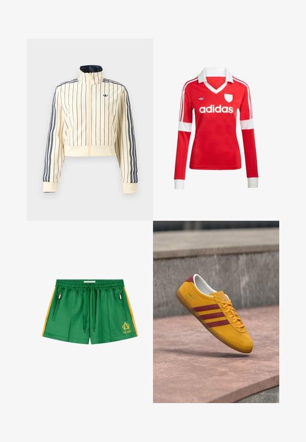 Veste courte crème zippée avec des rayures verticales bleu marine, trois rayures bleu marine sur les manches et logo Adidas trefoil sur la poitrine.; Maillot de football à manches longues rouge avec un col et des poignets blancs. Présente trois rayures blanches sur les épaules et le logo "adidas" affiché en évidence.; Shorts de sport verts avec des bandes jaunes sur les côtés, taille élastique avec cordon, poches zippées et un logo jaune sur la jambe gauche.; Baskets en daim jaune avec des rayures rouges, semelle plate et col rembourré; dotées d'un design à lacets et d'une étiquette de marque.