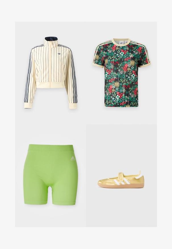 Kermanvärinen lyhyt vetoketjutakki, jossa laivastonsiniset pystysuorat raidat, kolme laivastonsinistä raitaa hihoissa ja Adidas trefoil -logo rinnassa.; Musta Adidasin lyhythihainen t-paita, jossa värikäs kukkakuvio, beige kaulus, hihansuut ja kolme beigen väristä raitaa hartioilla.; Vihreät urheilushortsit, jotka on valmistettu joustavasta kankaasta, jossa on keskikorkea vyötärö ja Adidas-logo etupuolella oikealla puolella.; Kultainen lenkkarit valkoisilla raitaleilla ja tarrakiinnityksellä. Sileä metallinhohtoinen pinta, pyöristetty kärki ja kuvioitu kumipohja.