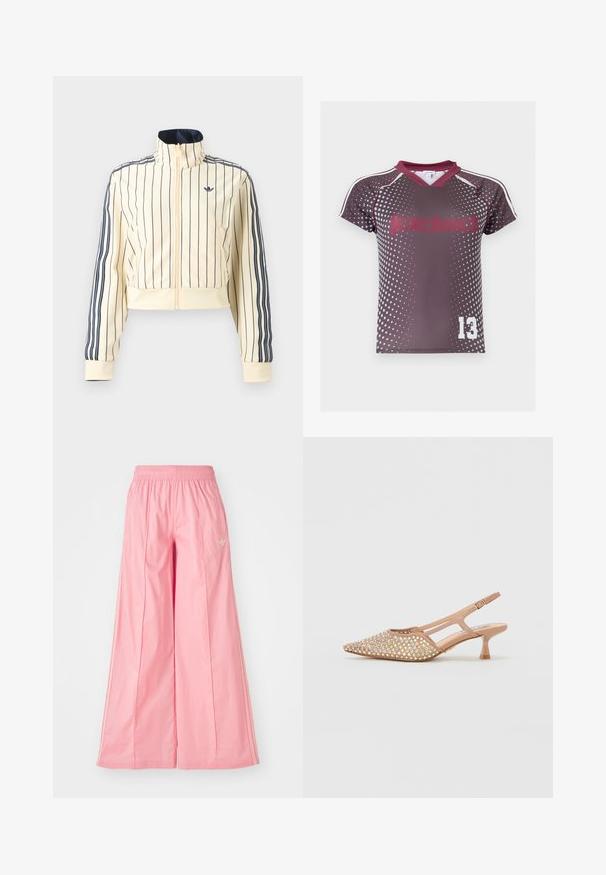 Kremfarvet cropped jakke med lynlås med marineblå lodrette striber, tre marineblå striber ned langs ærmerne og Adidas trefoil-logo på brystet.; Sportsjersey med korte ærmer i mørk lilla med hvidt prikkemønster, mørkerød krave og hvidt nummer 13 på nederste forreste højre side.; Lyserøde brede bukser lavet af let materiale, med elastisk talje og diskrete hvide side striber. Lille logo på fronten.; Beige slingback sko med spidse tæer, udsmykket med flerfarvede rhinsten, med en lav, transparent hæl og udskårne sider.