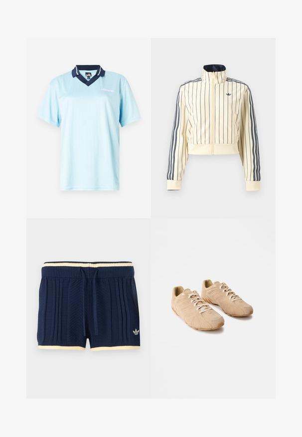 Veste courte crème zippée avec des rayures verticales bleu marine, trois rayures bleu marine sur les manches et logo Adidas trefoil sur la poitrine.; Polo bleu clair à manches courtes avec un col navy. Rayures verticales et logo en accent à l'avant. Tissu lisse et léger.; Shorts en maille bleu marine avec texture côtelée, bordure crème à la taille et à l'ourlet, cordon de serrage à l'avant, et logo Adidas sur la jambe gauche.; Baskets de sport beiges avec une tige en daim texturé, une semelle en caoutchouc courbée saillante et un système de laçage. Présente des détails en relief sur les côtés.