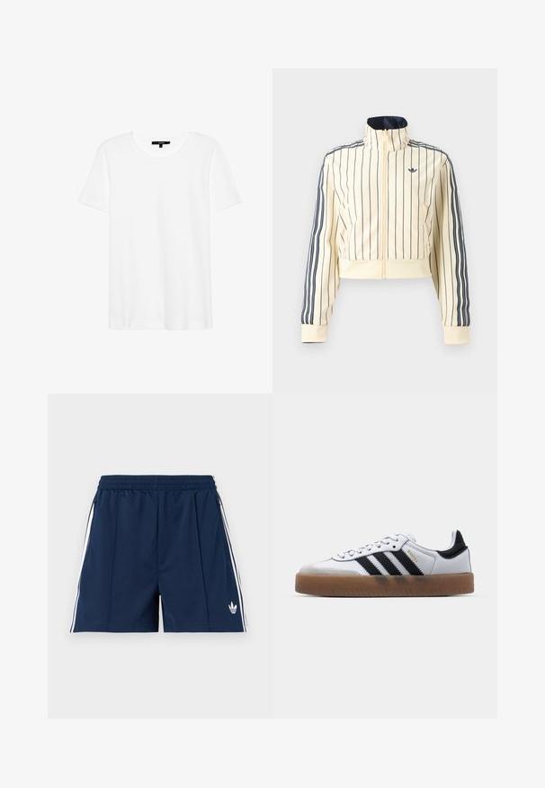 Roomkleurige cropped jas met ritssluiting, marineblauwe verticale strepen, drie marineblauwe strepen op de mouwen en Adidas trefoil-logo op de borst.; Witte t-shirt met korte mouwen en een ronde hals. Gemaakt van zachte stof, heeft het een relaxte pasvorm en een eenvoudig ontwerp zonder patronen of accenten.; Donkerblauwe sportshorts met een elastische tailleband, witte zijstrepen, zakken met rits en een klein wit Adidas-logo op het linkerbeen.; Witte leren sneakers met zwarte strepen, gumrubberen buitenzool, ronde neus, vetersluiting en een zachte grijze suède neuskap.