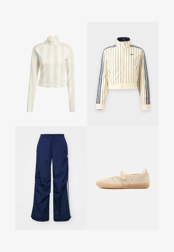 Roomkleurige cropped jas met ritssluiting, marineblauwe verticale strepen, drie marineblauwe strepen op de mouwen en Adidas trefoil-logo op de borst.; Witte langesleeve zip-up top met hoge kraag, met subtiele verticale strepen en logo-accenten op de borst en mouw. Zachte stofstructuur.; Navyblauwe, lichtgewicht broek met elastische taille en trekkoord, voorzien van witte zijstrepen en een klein logo aan de voorkant. Losse pasvorm.; Beige suède Mary Jane sneaker met klittenbandsluiting, rubberen zool, drie gestikte strepen en gouden "SAMBA"-branding aan de zijkant.