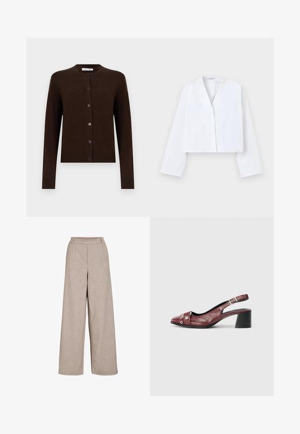Mørkebrun cardigan med lange ærmer, knapper foran, rund halsudskæring samt ribbede ærmekanter og bund, fremvist mod en ensfarvet baggrund.; Hvid langærmet cropped jakke med åben front uden synlige knapper eller lukninger, vist på en ensartet lys baggrund.; Beige brede bukser lavet af letvægtsstof. Har en glat tekstur, en tætsiddende talje og sidelommer for funktionel detaljer.; Bordeauxfarvet læderslippersko med rund tå, buet design, sølvhardwaredetaljer og blokhæl. Tekstureret finish.