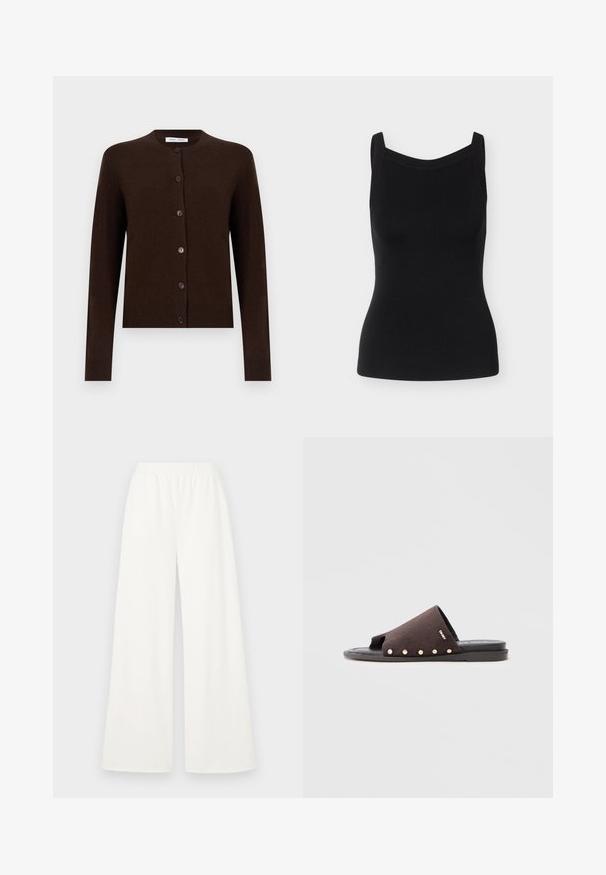 Cardigan à manches longues boutonné de couleur brun foncé, avec un col rond et des poignets et un ourlet côtelés, présenté sur un fond uni.; Débardeur sans manches en maille côtelée noire avec larges bretelles et encolure droite, silhouette ajustée sur fond gris clair.; Pantalons larges en tissu blanc léger et doux. Dotés d'une taille élastique pour le confort et d'une texture lisse sans motifs visibles.; Sandale mule en daim noir avec bout ouvert, ornée de clous dorés le long du bord extérieur, et semelle plate en caoutchouc.