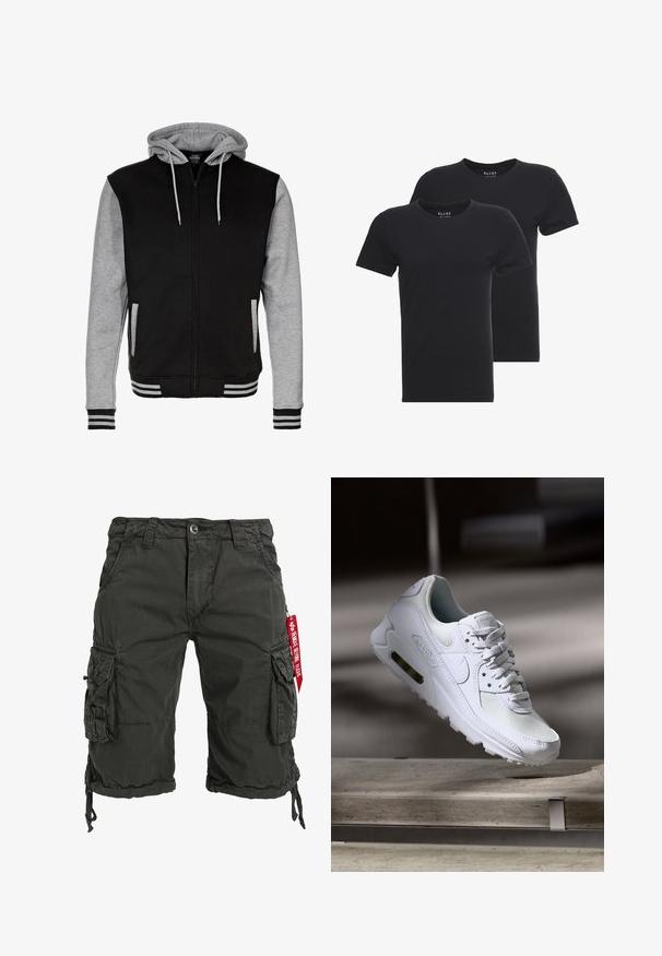 Schwarze und graue Zip-Hoodie mit einer Kapuze mit Kordelzug, gerippten Manschetten und Saum sowie zwei seitlichen Taschen. Hergestellt aus weichem Baumwollmischgewebe.; Zwei schwarze Baumwoll-T-Shirts mit kurzen Ärmeln und rundem Ausschnitt. Der Stoff wirkt glatt, ohne Muster oder sichtbare Marken.; Dunkelgrüne Cargo-Shorts aus strapazierfähigem Material, mit mehreren Seitentaschen, einem Kordelzugsaum und einem roten Etikettakzent.; Weiße Nike Air Max 90 Sneaker mit einem Obermaterial aus Mesh und Leder, durchlässigem Zehenbereich und einer sichtbaren Air-Einheit in der Ferse.