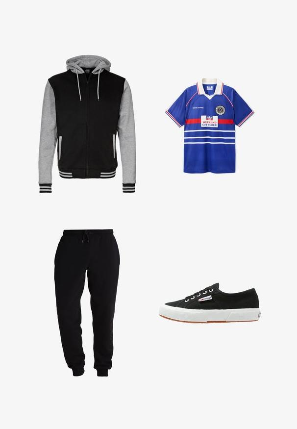 Sort og grå lynlås hoodie med snørrelåg, ribbede manchetter og kant samt to sidelommer. Fremstillet af blødt bomuldsblandingsstof.; Blå kortærmet polo med hvid krave, røde og hvide striber, teksten "Weekend Offender", våbenskjoldslogo og sloganet "admit nothing" på brystet.; Svarte sweatpants lavet af blødt stof, med en elastisk talje med snor, tapered benåbninger og sidelommer.; Sort lærredssneaker med hvid gummisål og brunt gummiydersål. Har rund tå, snørebåndsdesign og lille logoetiket på siden.