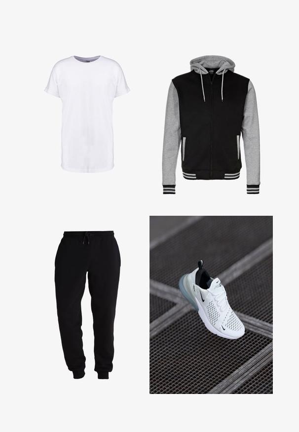 Sudadera con cremallera en negro y gris, con capucha ajustable, puños y dobladillo de canalé, y dos bolsillos laterales. Fabricada en una suave mezcla de algodón.; Camiseta de algodón blanca con mangas cortas, cuello redondo y un corte relajado. Textura suave y sin patrones ni diseños visibles.; Pantalones de chándal negros hechos de tela suave, con una cintura elástica y cordón, aberturas de pierna ajustadas y bolsillos laterales.; Zapatilla deportiva blanca con parte superior de malla perforada, acentos negros, cordones visibles y una suela de amortiguación de aire translúcida.