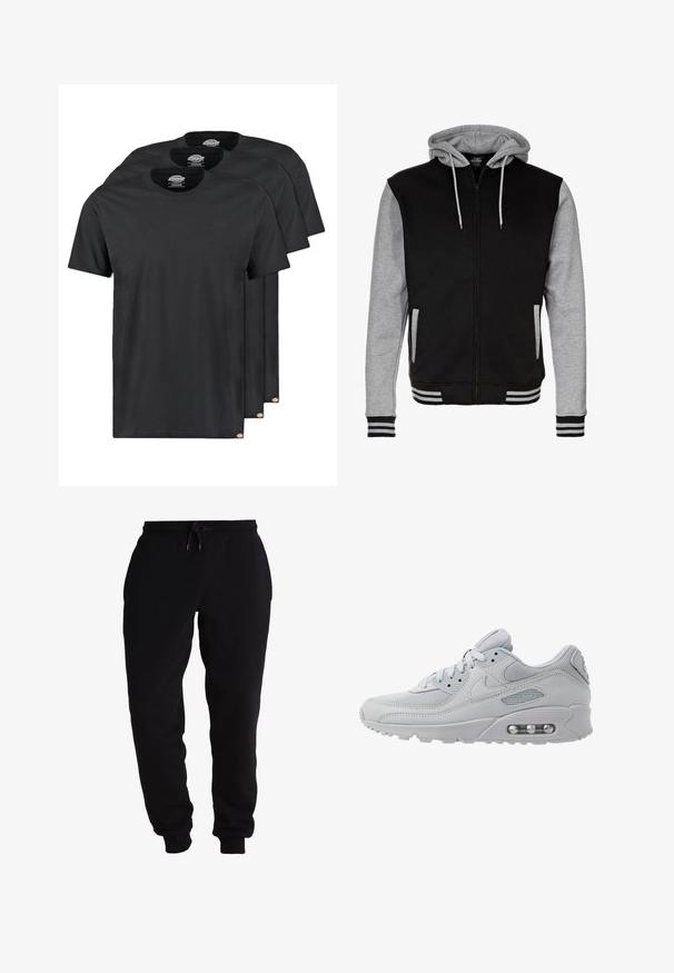 Schwarze und graue Zip-Hoodie mit einer Kapuze mit Kordelzug, gerippten Manschetten und Saum sowie zwei seitlichen Taschen. Hergestellt aus weichem Baumwollmischgewebe.; Schwarze Baumwoll-T-Shirts im Dreierpack. Rundhalsausschnitt, kurze Ärmel und eine glatte Textur. Logo-Tag am Saum.; Schwarze Sweatpants aus weichem Material, mit einem elastischen Bund und einem Kordelzug, schmal zulaufenden Beinöffnungen und seitlichen Taschen.; Hellgrauer Nike Air Max 90 Sneaker aus Mesh und Leder, mit runden Schnürsenkeln, einem gepolsterten Kragen und sichtbarer Luftpolsterung in der Sohle.