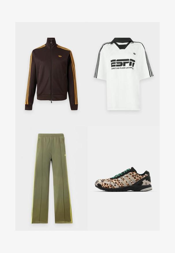 Chaqueta de chándal negra con cremallera, con tres rayas naranjas en las mangas y logo de Adidas naranja en el pecho, cuello alto y bolsillos laterales con cremallera.; Camiseta blanca de manga corta con cuello negro, tres rayas negras en las mangas y texto negro en negrita que dice "ESPN" y "NO HAY LUGAR COMO LOS SPOTS."; Pantalones deportivos verde oliva con cintura elástica, bolsillos laterales, franjas laterales amarillas y pequeño logo trébol en la parte delantera.; adidas Originals ADIZERO ADIOS OG - Zapatillas - grey two/core black/court green